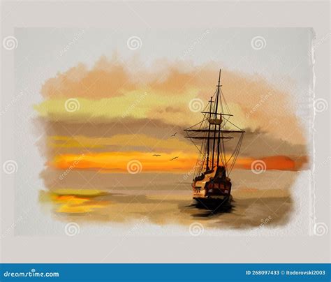 Watercolor Painting Boat with Sunset Stock Illustration - Illustration ...