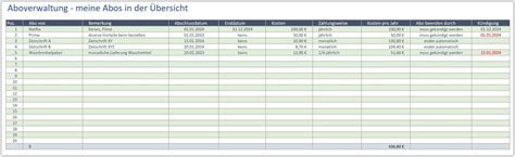 Abonnement Verwaltung Excel Vorlage Alle Meine Vorlagen De