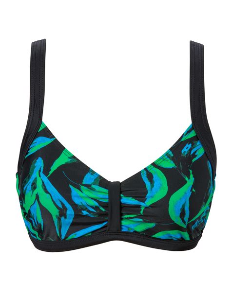 Mjuk bikini bh med bladmönstrat tyg i blågröna akvarelltoner på svart botten Trofé