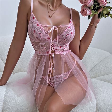 Heart Shape Embroidery Sleepwear Lace Dress Light Pink Deep Love Lingerie