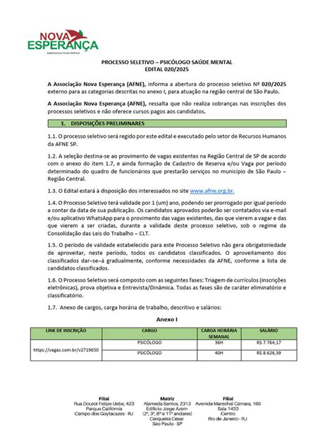Processo Seletivo Psicólogo AFNE 2025 | PDF | Ação afirmativa | Psicologia