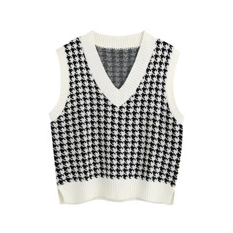 V Neck Houndstooth Sweater Vest After Moda