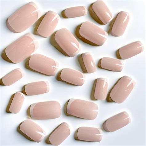 Pcs Short Square Nude Pink French Tip Edge Design False Nails Set With Jelly Glue Nail