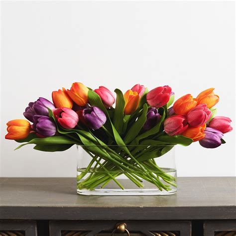real touch multicolor tulip spring floral arrangement  oval glass