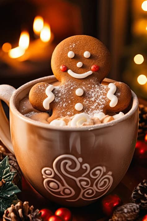 A Gingerbread Man Is Sitting In The Cup Of Hot Chocolate On The Christmas Background With