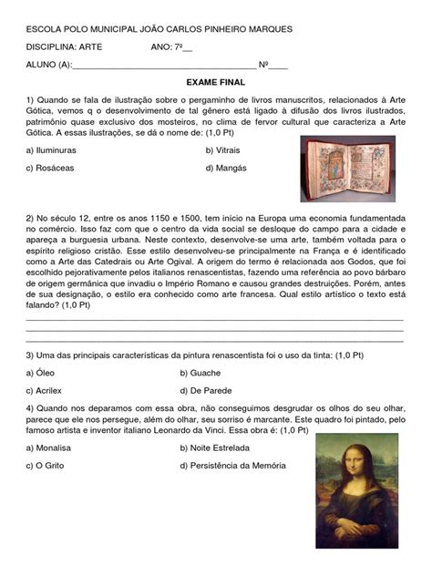 Prova De Artes 7 Ano - Prova de Arte 7 Ano EXAME | PDF | Renascimento | Artes (geral)