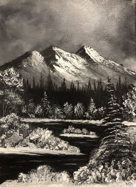 Bob Ross Inspired Black and White Snowy Mountain View