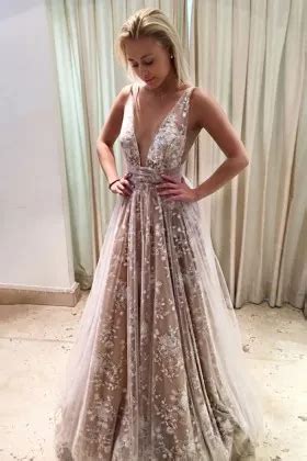 Unusual Gold Stars Adorned Nude Tulle Prom Dress Promfy