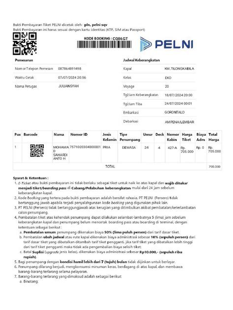 E-Tiket Kapal Pelni (Gorontalo - Lombok) | PDF