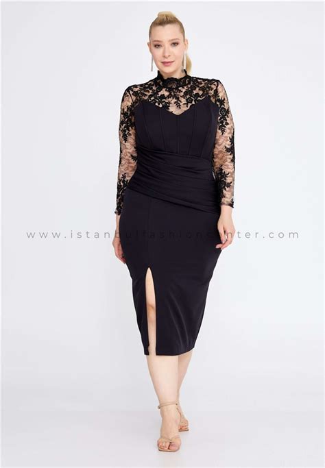 Alchera Long Sleeve Midi Crepe Column Plus Size Black Wedding Guest