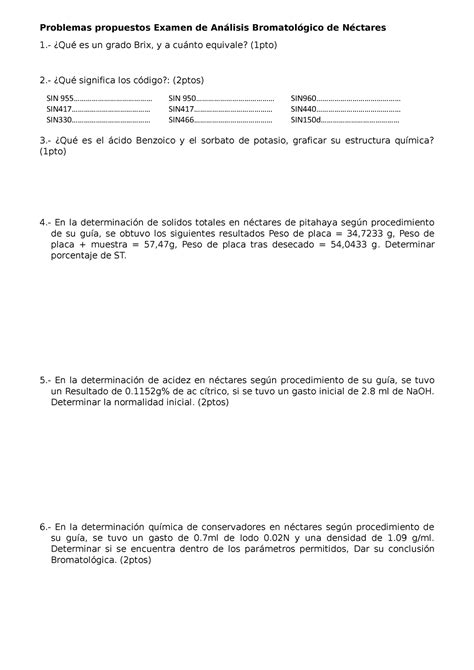 Problemas Propuestos Examen De Análisis Bromatológico De Nectares 1