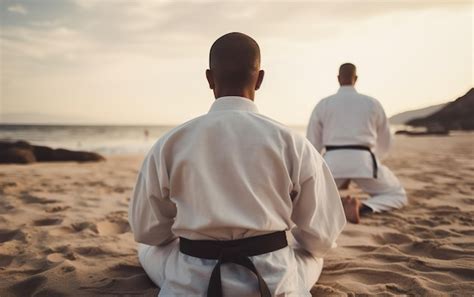 На пляже сидят двое в форме для карате, у одного из них черный пояс ...