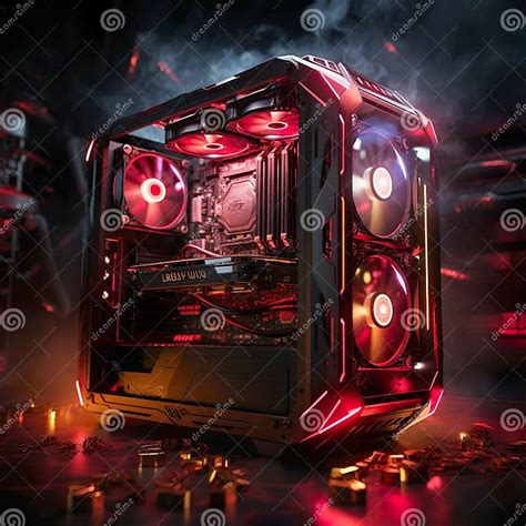 An Illustration Gaming Pc with Red Lights and Golden Bullet Casings in ...