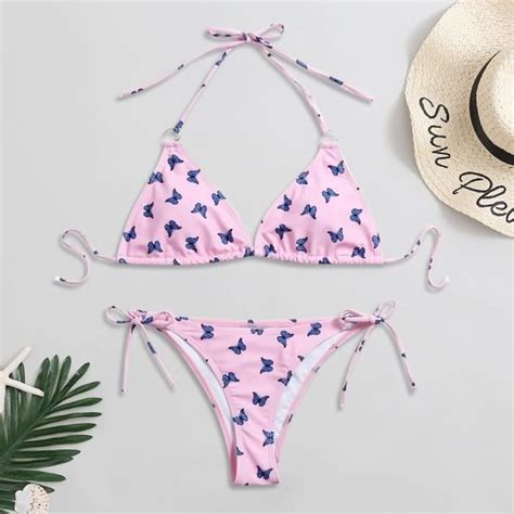 Femmes Papillon Imprimer Taille Haute Deux Pièces Bikini Maillots De Bain Maillot Beachwear Rose