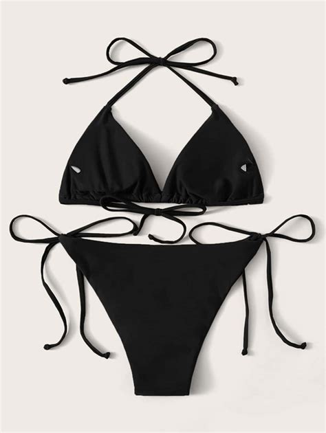SHEIN Swim Summer Beach Mono Bikini Set Halter Triangle Bra Top Tie Side Bikini Bottom Piece