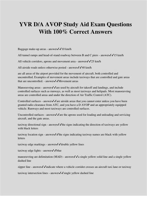 YVR DA AVOP Study Aid Exam Questions With 100% Correct Answers - YVR 