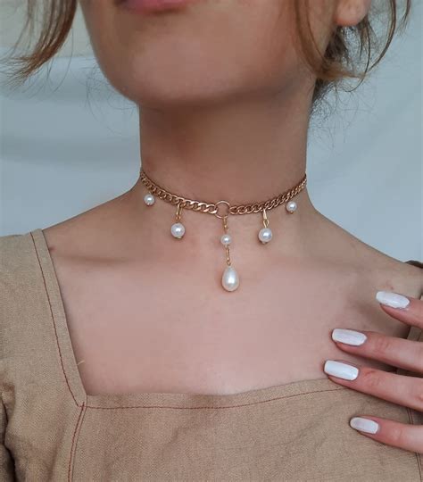 Gold Choker Pearl Necklace Chokers Jewelry Stainless Etsy