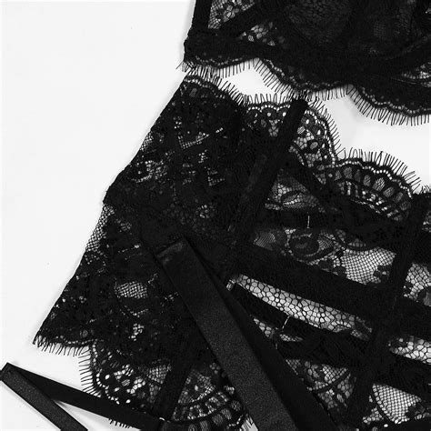 New High Quality Eyelash Lace Bra And Panty Lingerie Set With Garter Belt Sexy Choker