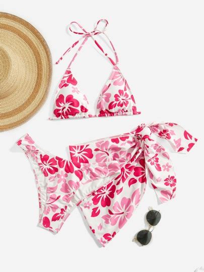 Floral Bikini Set Halter Micro Triangle Bra Bikini Bottom Cover Up Skirt Piece Bathing
