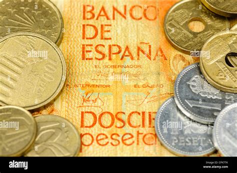 Spanish Peseta Bank Note And Coins Stock Photo Alamy