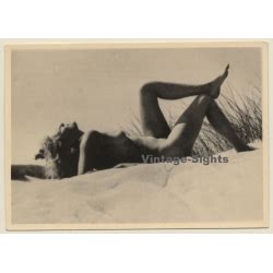 Nude Blonde Sunbathing On Beach Vintage Photo S S