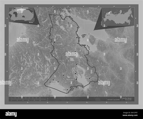 karelia republic  russia grayscale elevation map  lakes  rivers locations  names
