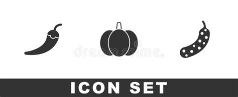 Set Hot Chili Pepper Pod Pumpkin And Fresh Cucumber Icon Vector Stock Illustration