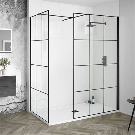 Aquadart Wetroom 8 Matrix Glass Panels With Matt Black Profiles Aq8654cr