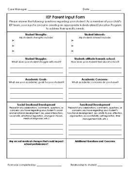 IEP Parent Input Form By SPEDtacular Love 4 Learning TpT