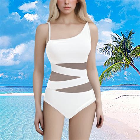 White One Piece Swimsuit Womens Tummy Swimsuit V Neck Bathing Suits