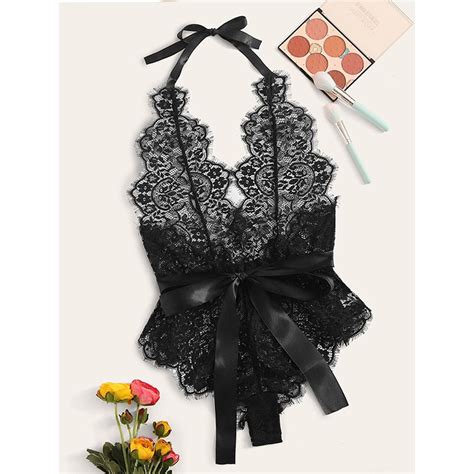 Sexy Black See Through Lace Halter Straps Deep V Bowknot Bodysuit Teddy Lingerie N20719
