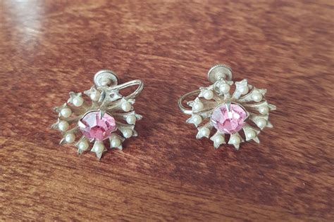 S Pink Rose Rhinestone And Pearl Coro Earrings Screwback Etsy