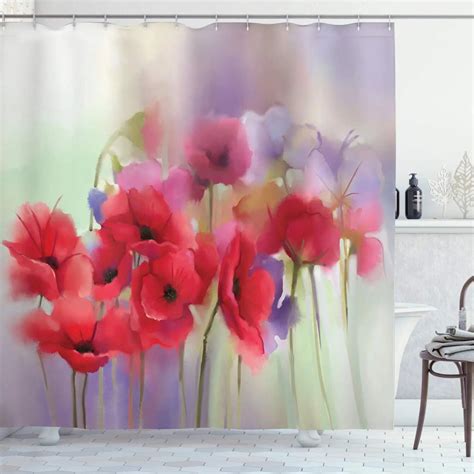 Red Poppy Floral Shower Curtain Watercolor Plants Flowers Leaves Shower