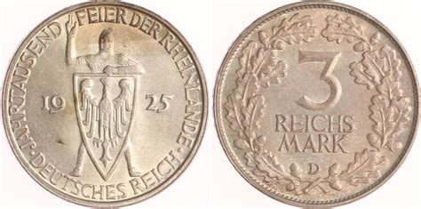 Weimarer Republik 3 Reichsmark 1925 D Rheinlande Fast Stempelglanz