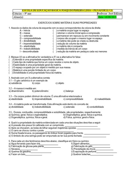 Atividade - 9º Ano - Propriedades - Gerais - e - Específicas | PDF ...