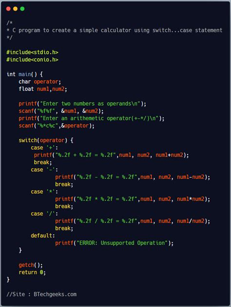 C Program To Make A Simple Calculator Using Switch Statement Btech Geeks