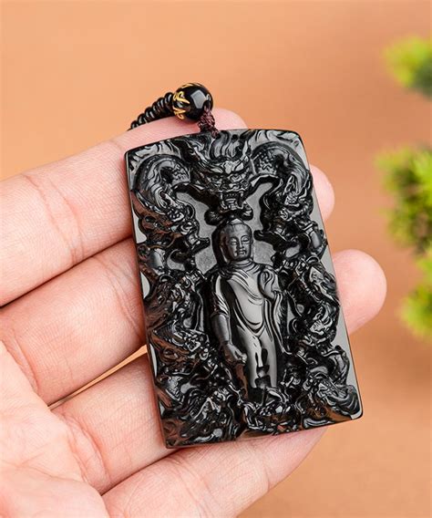 Nine Dragon Amitabha Buddha Medal Natural Black Jade Pendant Necklace