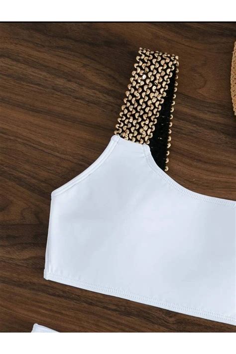 sayina Kadın Beyaz Simli Tek Omuz Kurdele Nakış Lastik Detaylı Yüksek Bel Astarlı Şık Bikini