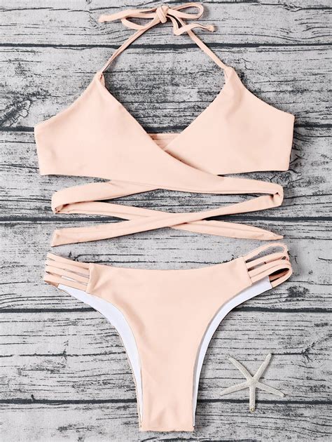 OFF Strappy Halter Neck Wrap Bikini Set Rosegal