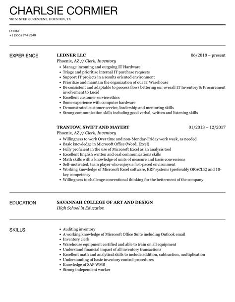 Clerk Inventory Resume Samples Velvet Jobs