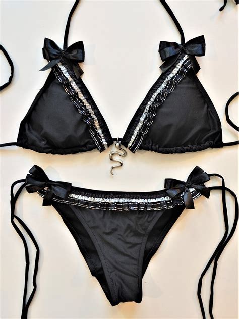 VAMPIRE GOTH BIKINI Black Scrunch Bottom Brazilian Bikini Silver Ruffles Bows Wiccan Occult