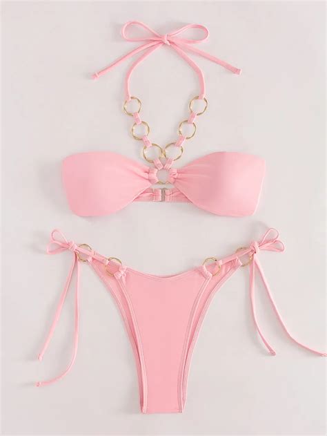 Fashion Two Piece Swimsuit With Metal Ring Strap Hollow Solid Color Bikini Hangzhou Sunra