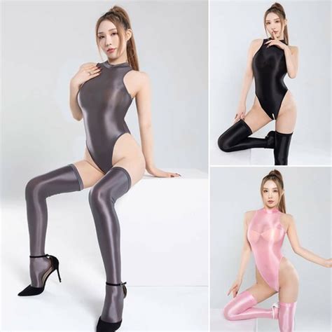 Women Smooth Satin Shiny Lingerie Bodysuit High Cut Thong Leotard With Stockings Ebay