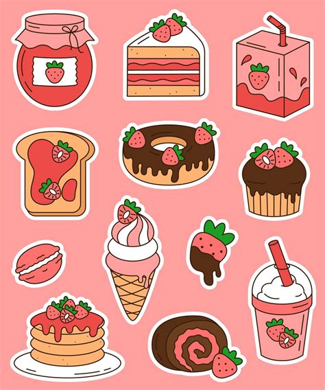 cute sticker set  strawberry desserts  drinks isolated  white
