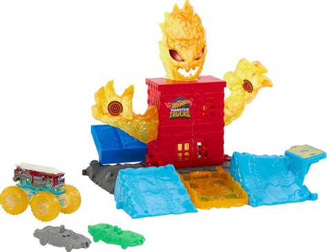 Amazon Hot Wheels Monster Trucks Toy Playset Scale Alarm Firetruck Battles The Fire