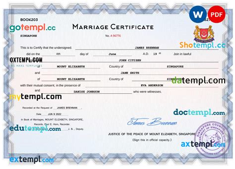 Singapore Marriage Certificate Word And Pdf Fake Template Fully Editable