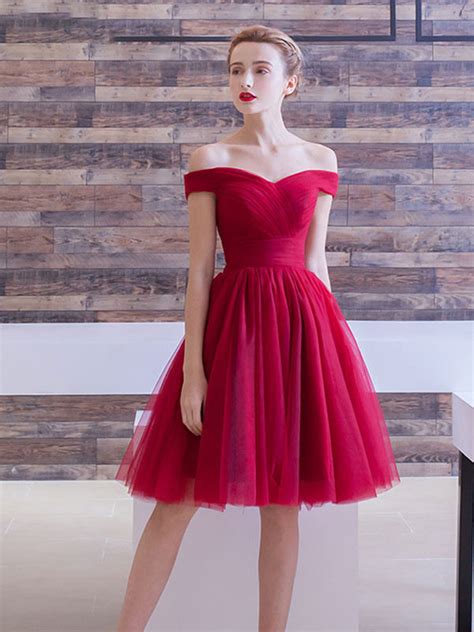 Prom Dress 2021 Burgundy Tullecocktail Dress Off The Shoulder A Line