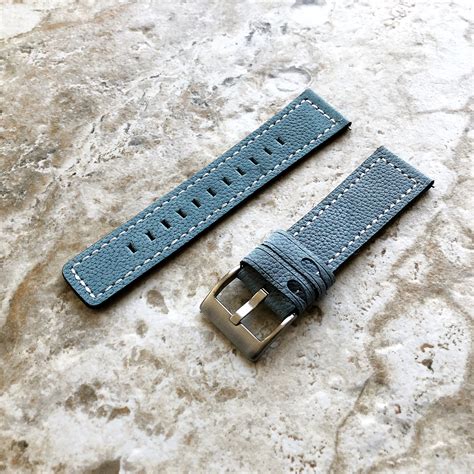 22mm Width Light Blue Soft Leather Watch Strap Band Stitched For Wrist