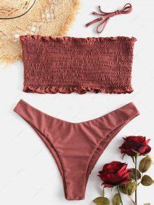 46 OFF 2021 ZAFUL Frilled Padded Smocked Bikini Set In ROSY FINCH ZAFUL