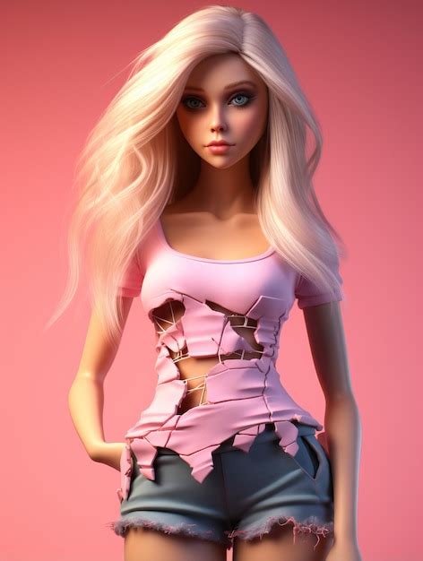 Doll In Pink And Ripped Shorts Wears Her Long Blonde Hair In The Style Of Photorealistic